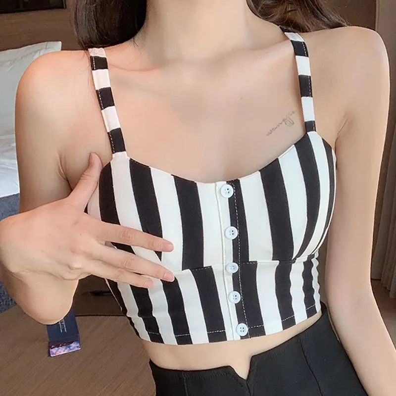Camis Striped Crop Tops Women Camis Halter Top Woman Camisole 2022 Summer Sexy Club Sleeveless Slim Low Chest Button Womens Clothing
