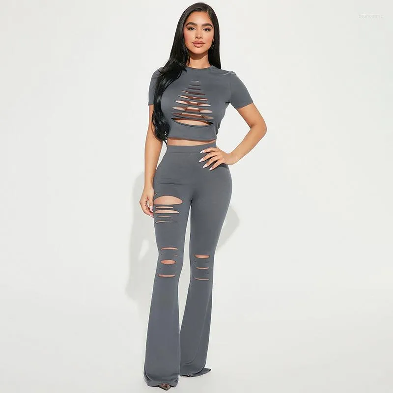 Women's Two Piece Pants Hollow Out Y2K Streetwear Pure Color 2 Set Sexy Fashion Trending Product