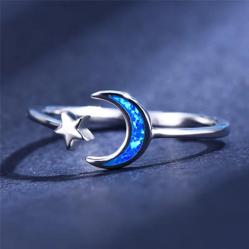 Cluster Rings Minimalist Female Moon Star Ring 925 Sterling Silver Blue White Fire Opal For Women Wedding Thin Engagement Jewelry