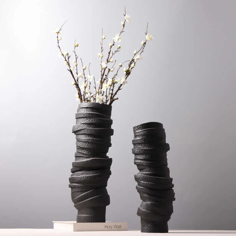 Vases Creative ceramic vase stacked textured black and white vase arrangement flower porcelain ornaments craft home decoration P230503