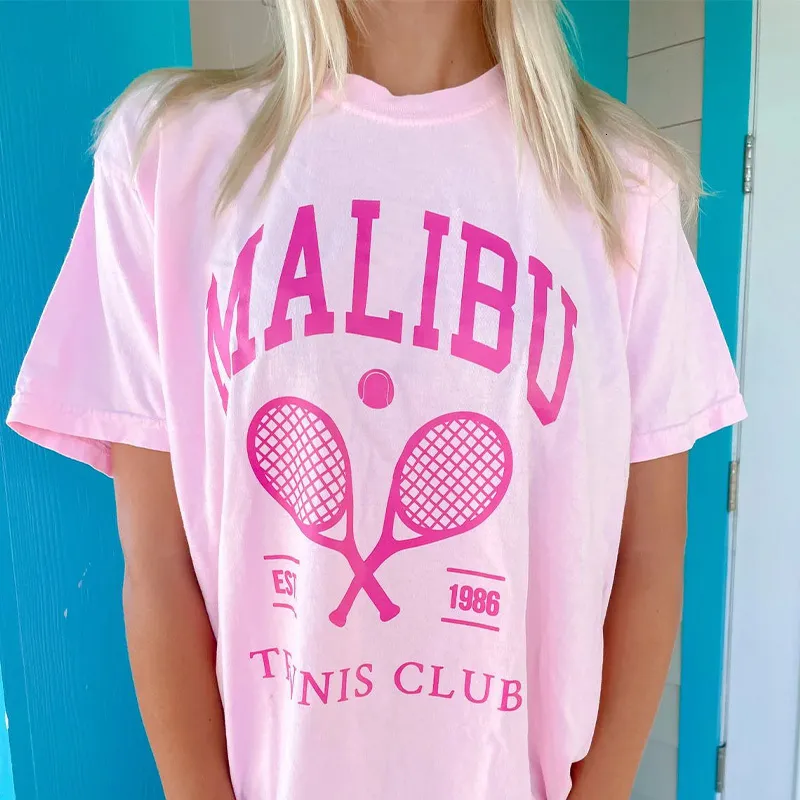 Maglietta da donna Calelinka American Malibu Tennis Club Donna Y2K Rosa T-shirt per donna Manica corta in cotone sciolto Estate Casual Stampa Tees 230503