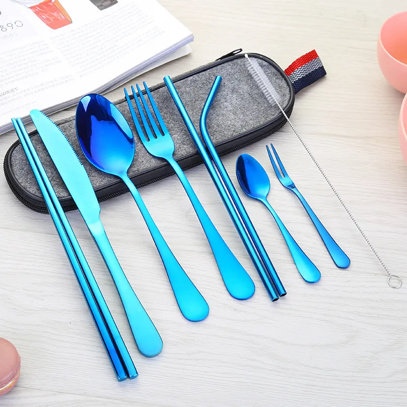 Dinnerware Sets 9 Pieces Set of Stainless Steel Tableware Set Outdoor Portable Knife Fork Spoon Chopsticks Straw Western Tableware Travel Gift 230503