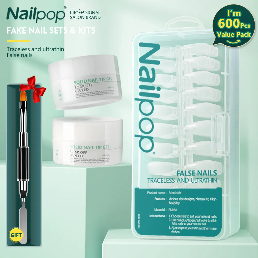 False Nails Nailpop 600pcsbox Fake Nails with Glue Kit Almond Square Coffin Short Long False Press on Nail Tips French American Capsule 230428