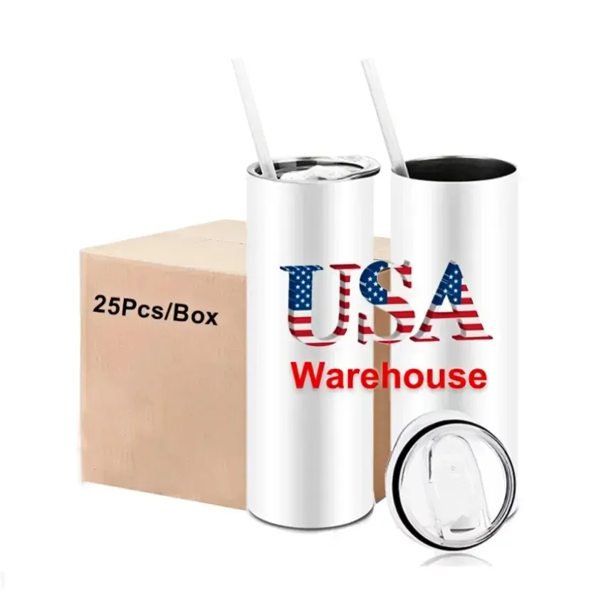 USA CA CA Warehouse Navio rápido 25pc/caixa 20 onças em branco sublimação branca canecas de água garrafas de água drinques de aço inoxidável com palha e tampa plástica