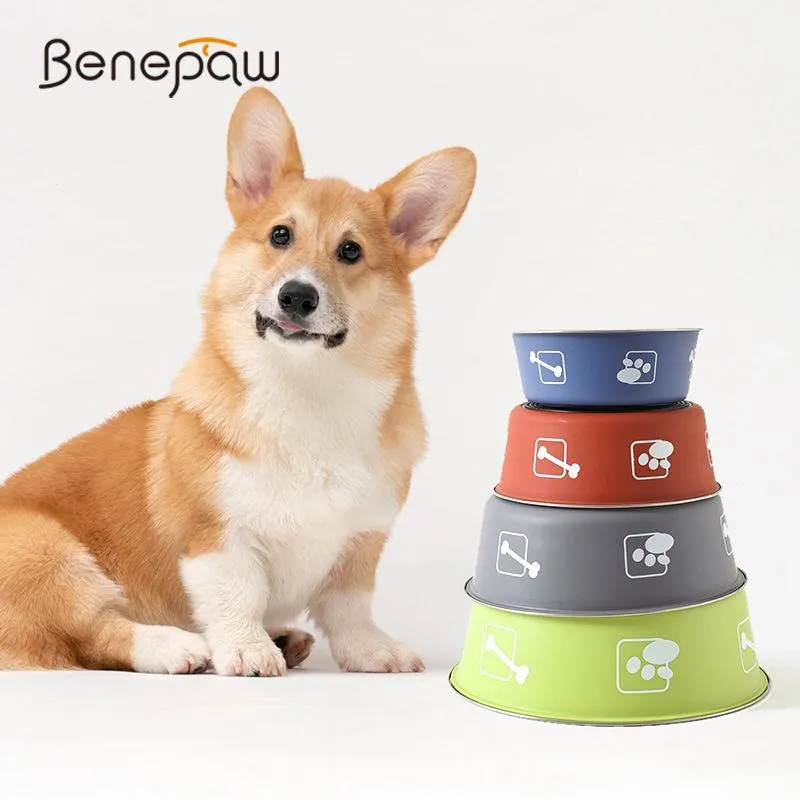 Feeding Benepaw Stainless Steel Dog Bowl Ecofriendly Silicone Antislip Bottom Food Drinking Water Pet Feeder Fashion Paw Bone Print