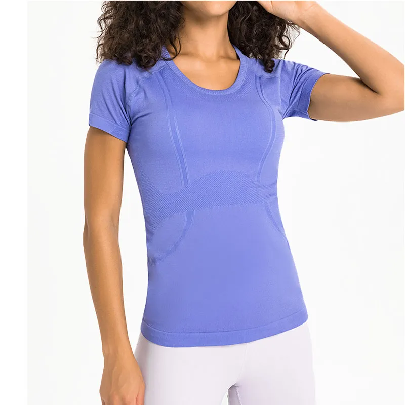 T-shirt sportiva da donna a maniche corte senza cuciture per yoga, vestibilità slim, leggera, ad asciugatura rapida, fitness, elastica, palestra, felpe sottili, traspirante, traspirante VELAFEEL