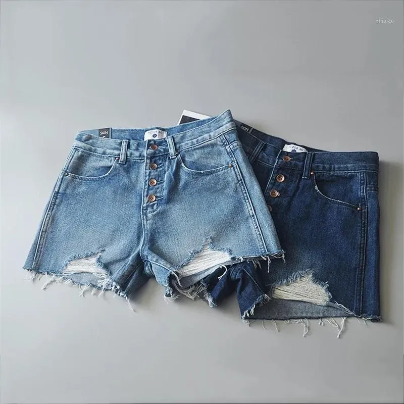 Damen-Jeans-Sommermode-Art-weibliche Knopf-hohe Taillen-Denim-Shorts-Frauen-beiläufige blaue getragene Grat-Loch-Mädchen-Kurzschluss