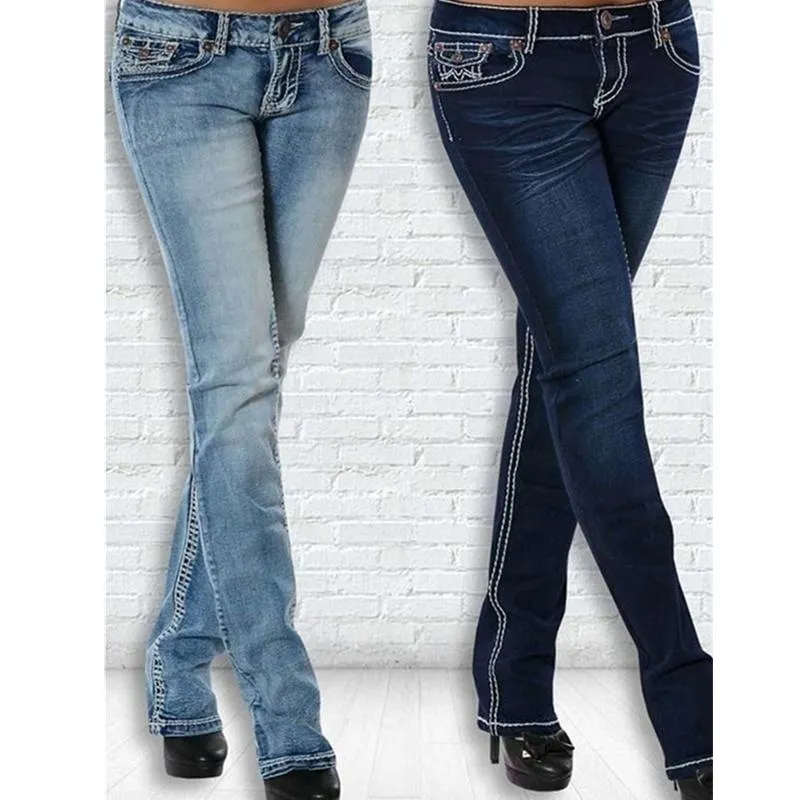 Jeans kvinnors stretch broderade jeans mode tight byxor sommar avslappnad rak byxor klassisk sexig blå denim byxor s3xl