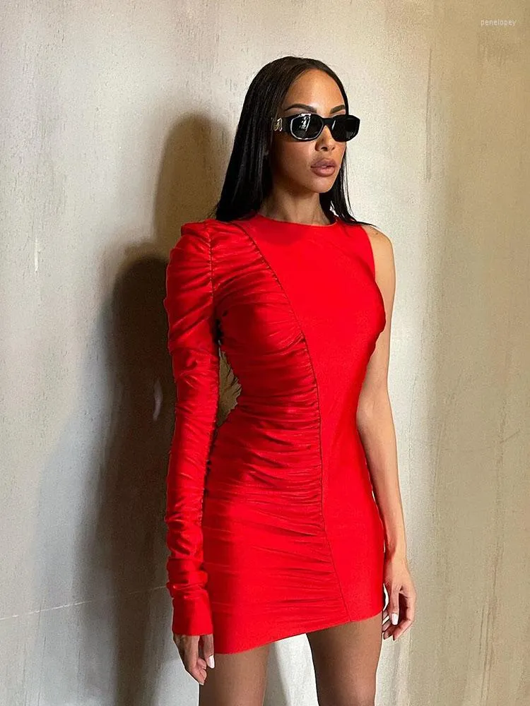 Casual jurken sexy o-neck een schouder met lange mouwen met lange mouwen mini-jurk elegant rood mesh geplooide veter bodycon beroemde runway party