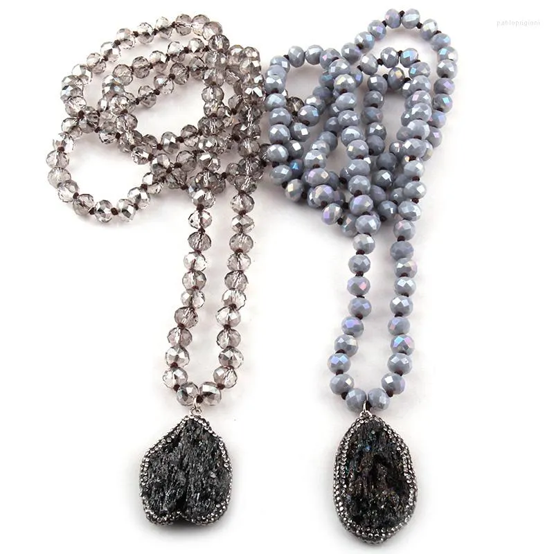 Chains Fashion Bohemian Tribal Jewelry Gray Crystal Knotted Halsband 5X8 Glass Natural Irregular Stone Charm Pendant_voghion.com