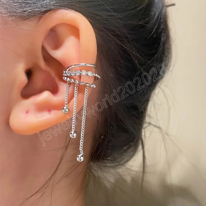 Shiny Copper Crystal Tassel Non-Piercing Cuff Ear Clip Earring For Women Rhinestone Star Fake Cartilage Piercing Jewelry