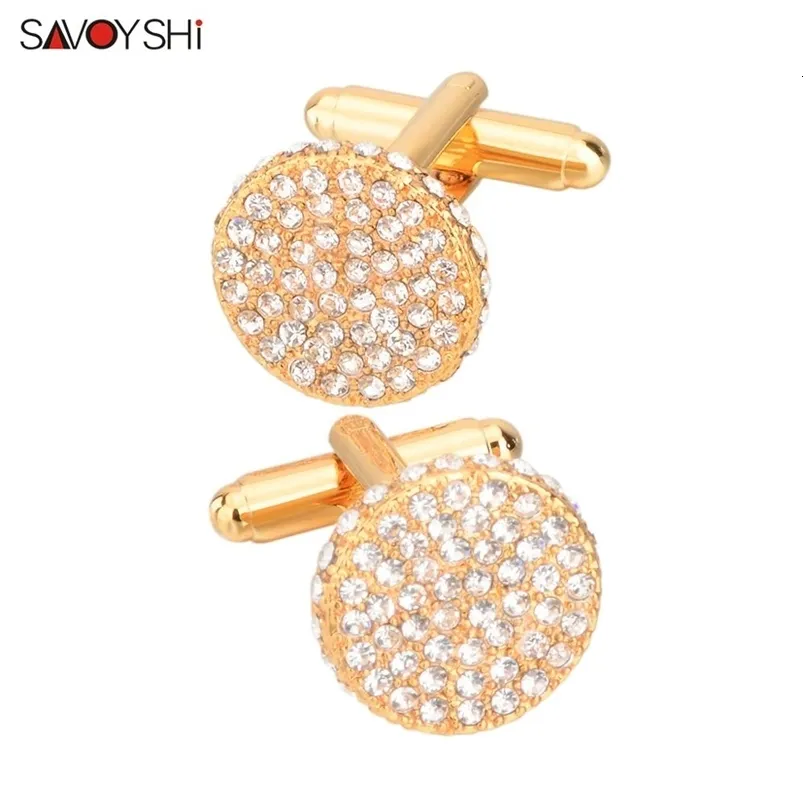 Cuff Links SAVOYSHI Brand Shirt Cufflinks for Mens Cuffs High Quality Round Crystals Cuff links Gift Male Jewelry Free Engraving Name 230428