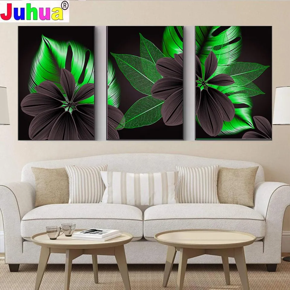 Stitch 5D Diamond Painting 3 pcs/set Abstract Luxury Blossom Green Leaf Triptych 5d Diamond Embroidery Mosaic Painting Amazing Artwork