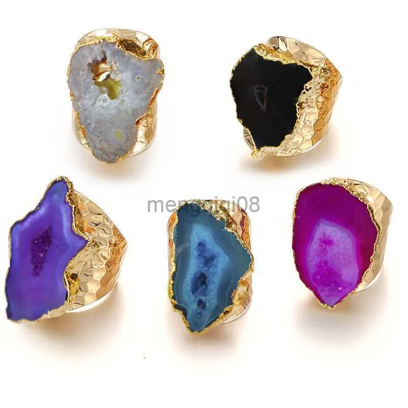 Anneaux de bande Irrégulière Geode Pierre Agate Tranches Large Anneau Ouvert pour les Femmes Boho Redimensionnable Doigt Bijoux Y23