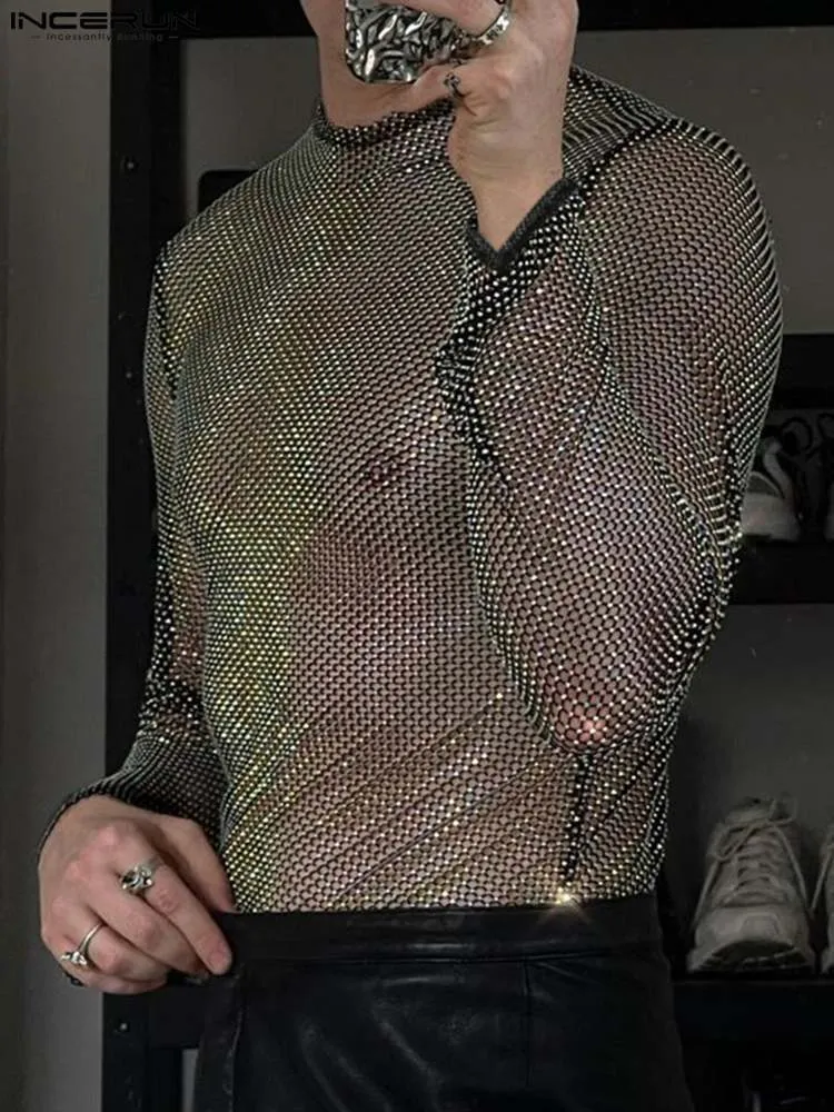 Camisetas de hombre Party Nightclub Style Tops INCERUN Men Glitter Mesh See through Camiseta Sexy Male All Match Manga larga Camisetas delgadas S 5XL 230503