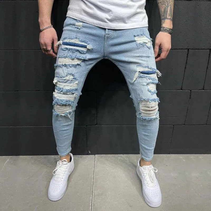 Herr jeans män byxor mode casual four säsonger smala fit svart rippade lätt matchande blyerts trend coola motorcykel jeansmen's