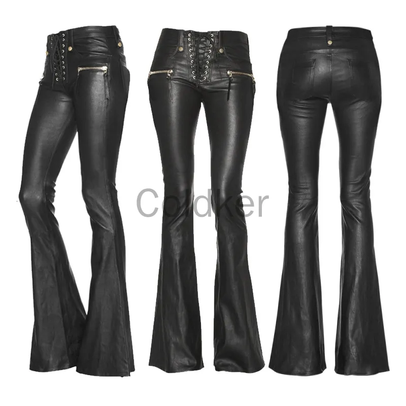 Pantalones cortos de mujer Ropa de calle informal Punk Gótico Negro Pantalones de cuero de PU Cintura alta Vendaje Flaco Pantalones acampanados delgados Ropa S 5XL 230503