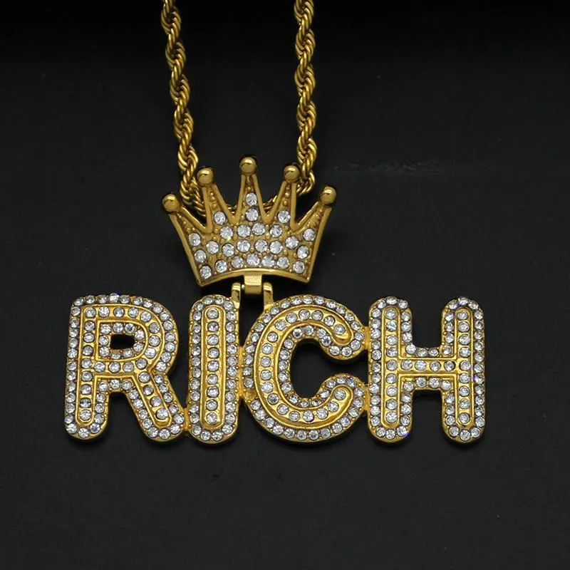 Pendant Necklaces Hip Hop Rhinestones Paved Bling Iced Out Stainless Steel Crown Rich Pendants Neckalce For Men Rapper Jewelry Gold SIlver C