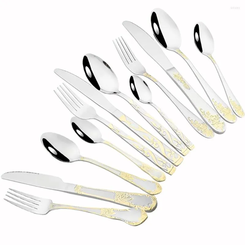 Flatware Sets Mirror Silver 18/10 Stainless Steel Dinnerware High Grade Knife Fork Spoons Cutlery Kits Plated Floral Pattern Tableware