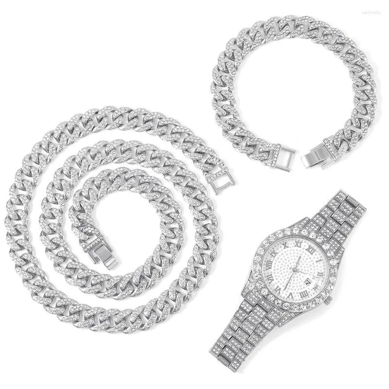 Necklace Earrings Set Hip Hop 3PCS KIT Heavy Watch Prong Cuban Bracelet 13MM Bling Crystal Iced Out Rhinestones Chains For Men Jewelry