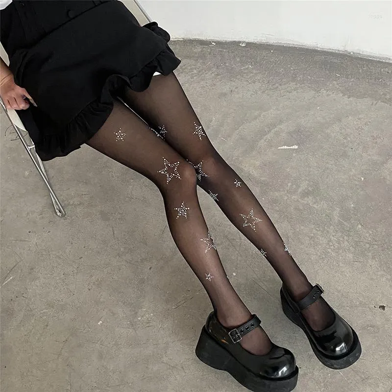 Mulheres meias harajuku estrela strass melandela sexy transparente meia-calça anti-gancho garotas coxa meias altas meias