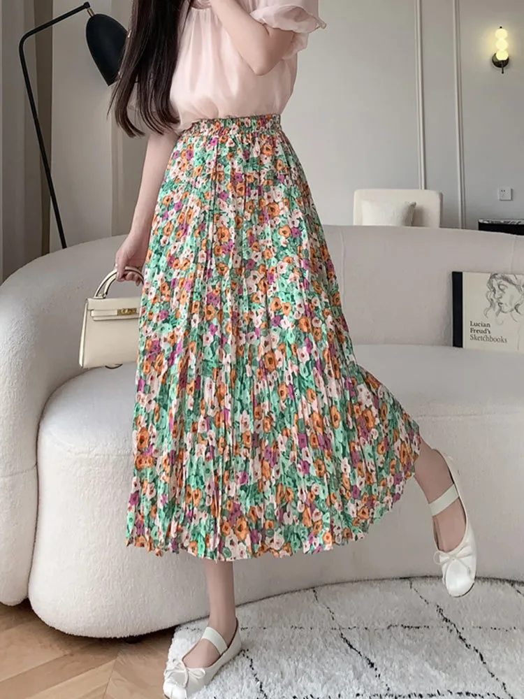 Floral Midi Skirt Korean Style Boho Holiday A Line High Waisted Long Skirt for Women