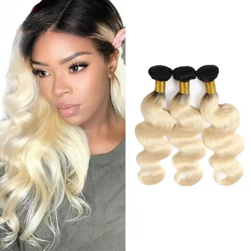 1B/613 Blondynka Brazylijska fala ciała ludzkie włosy wiązki ciemne korzenie 3pcs Ombre Kolor Hair Extensy