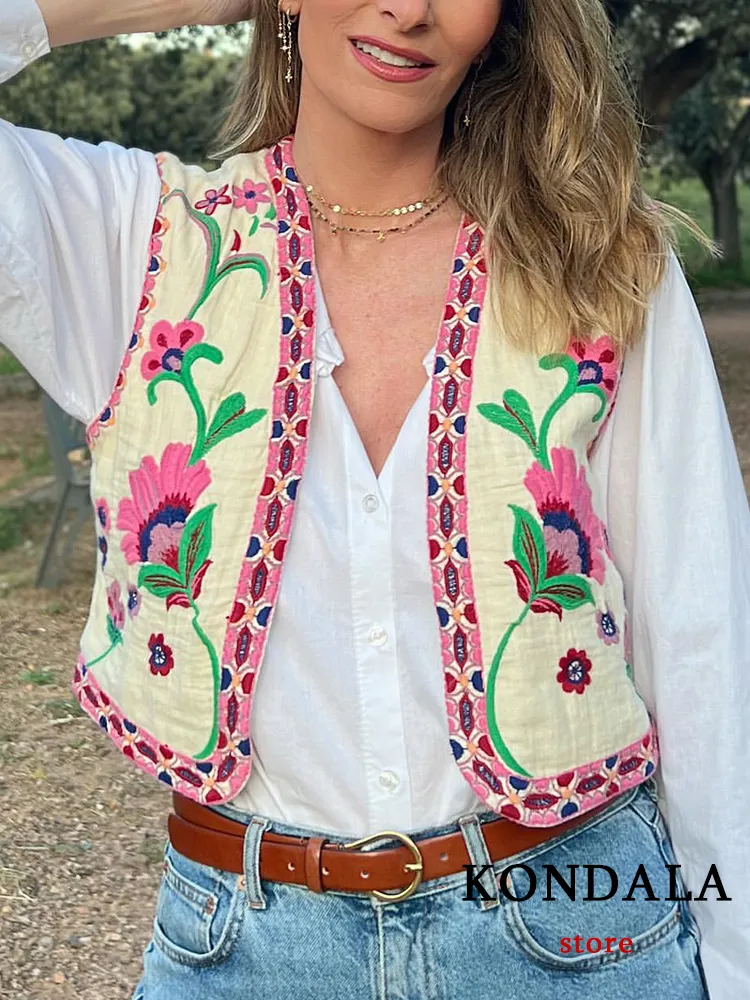 Damen Westen KONDALA Vintage Blume Stickerei Weste Jacken Damenmode Sommer V-Ausschnitt Strickjacke Shirts Boho Lose Weste Damenoberteile 230503