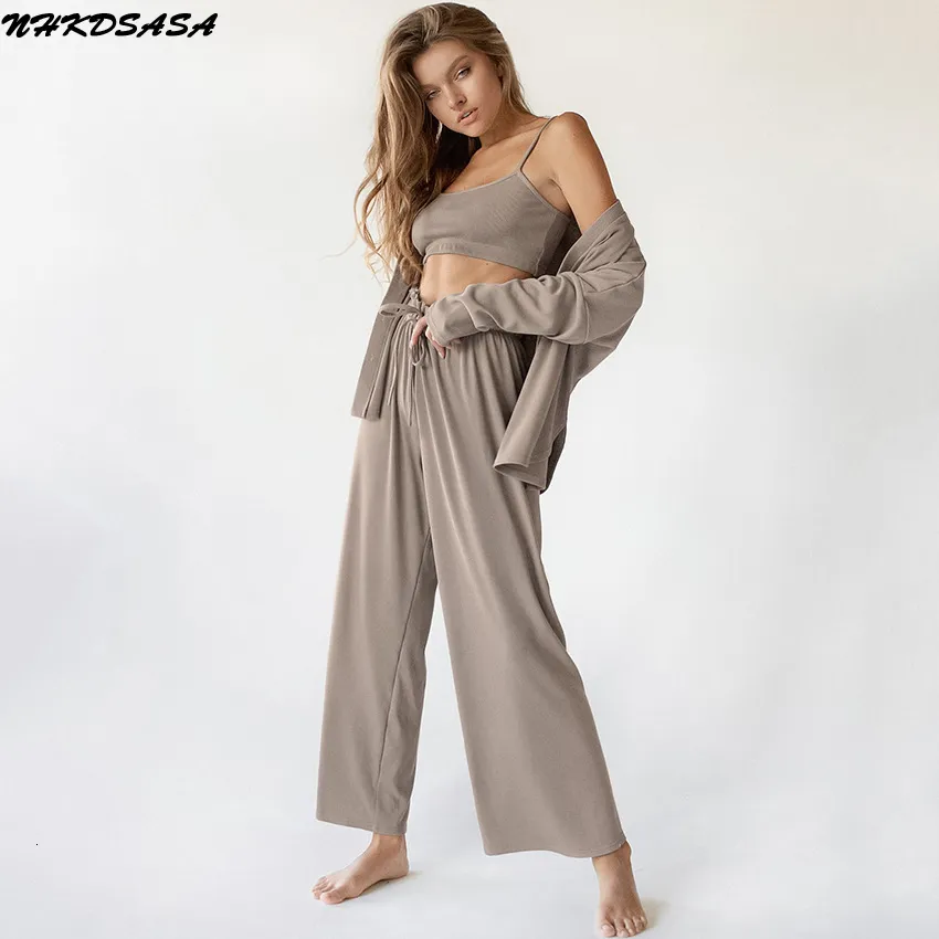 Женская одежда для сна NHKDSASA вязаная женская Nightwear 3 куски повседневной пижамы с длинным рукавом женский спагетти