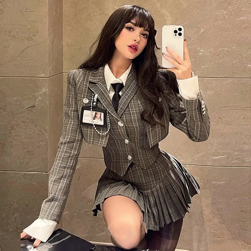 Dames suits blazers retro bruine plaid vest shirt jas rok sets meisje college stijl pak geplooid mini vrouwelijk sexy Korean jas 230504