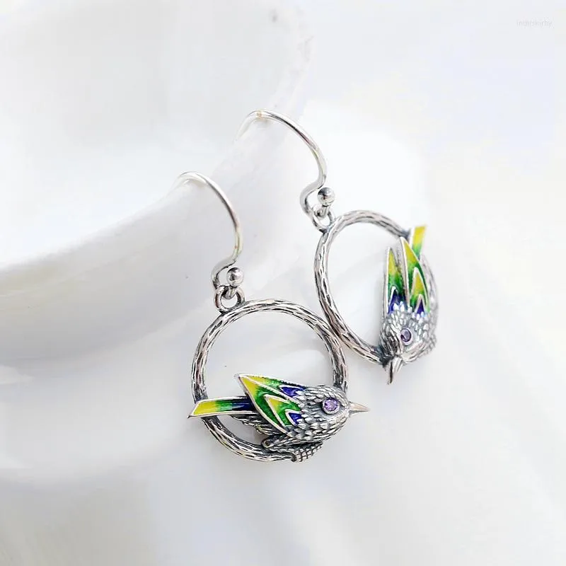 Dangle Earrings本物の925スターリングシルバーイヤリング民族レトロエナメルバーディートレンディクリエイティブ女性ジュエリーギフト