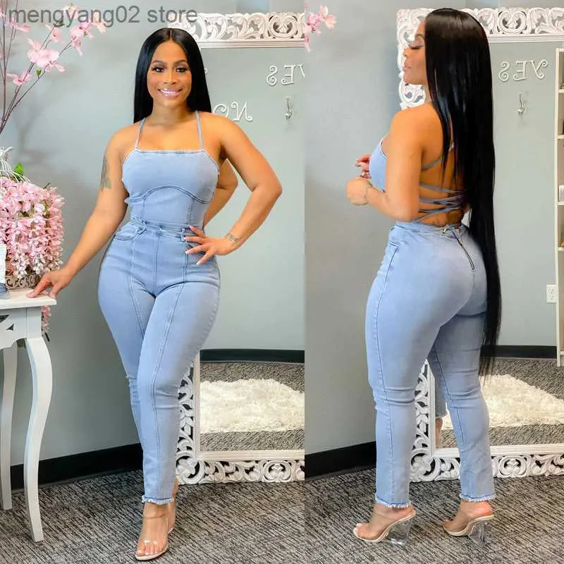 Women's Jumpsuits Rompers Echoine Summer Sexy Backless Lace Up Jumpsuit Women Blue Skinny Bodycon Denim Rompers Clubwear Outfits Jeans Overalls T230504