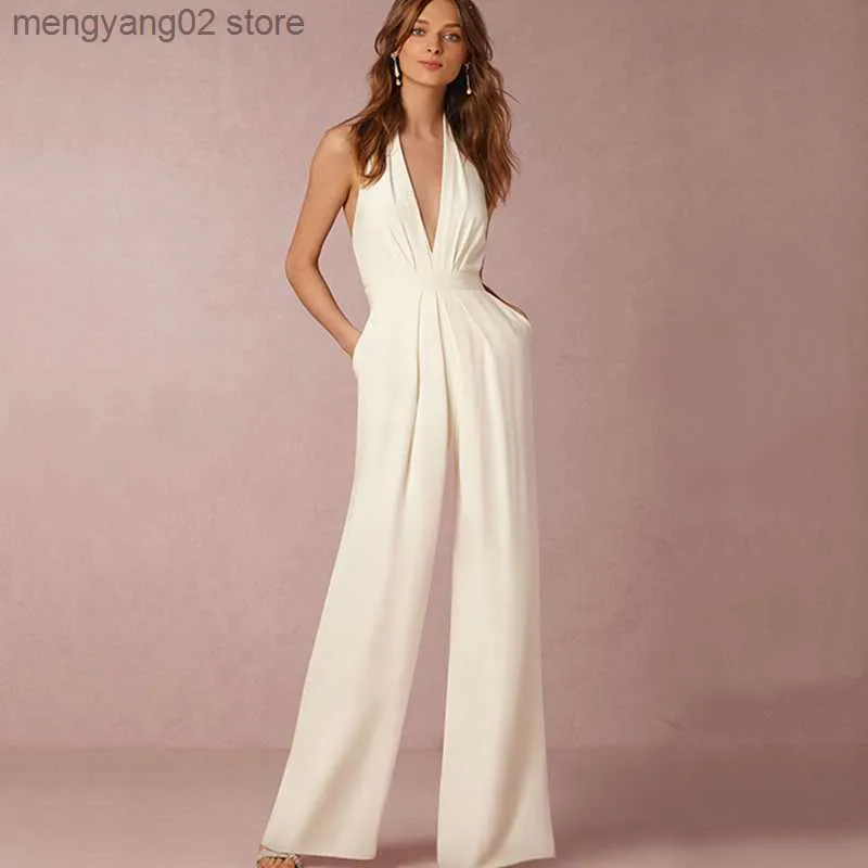 Kvinnors jumpsuits Rompers Jumpsuit Kvinnor 2022 Sexig polyester Vit rygglösa breda benbyxor Kläder ärmlös eleganta kvinnliga sommaröverträdelser Rompers T230504