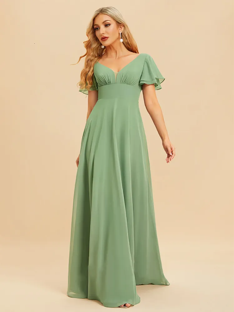 best color bridesmaid dresses Watermelon A-line V Neck Chiffon Pleated Ruffle Long Bridesmaid Dress