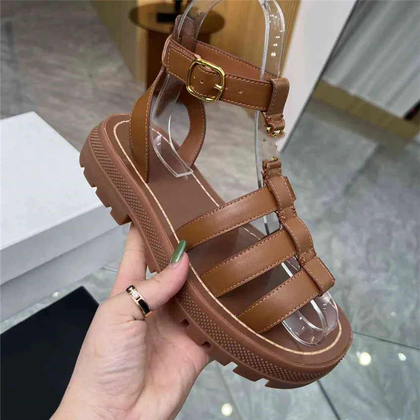 Lyxdesign Sandaler 2023 Fashion Celins Women Summer High Heels Leather Cross Lace Up Student Casual Slippers 01-09