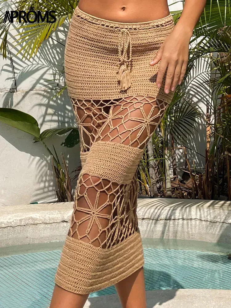 Jupes Aproms kaki fait à la main au Crochet Midi femmes été cordon de serrage taille évider jupe longue plage Bikini Coverup bas 230428