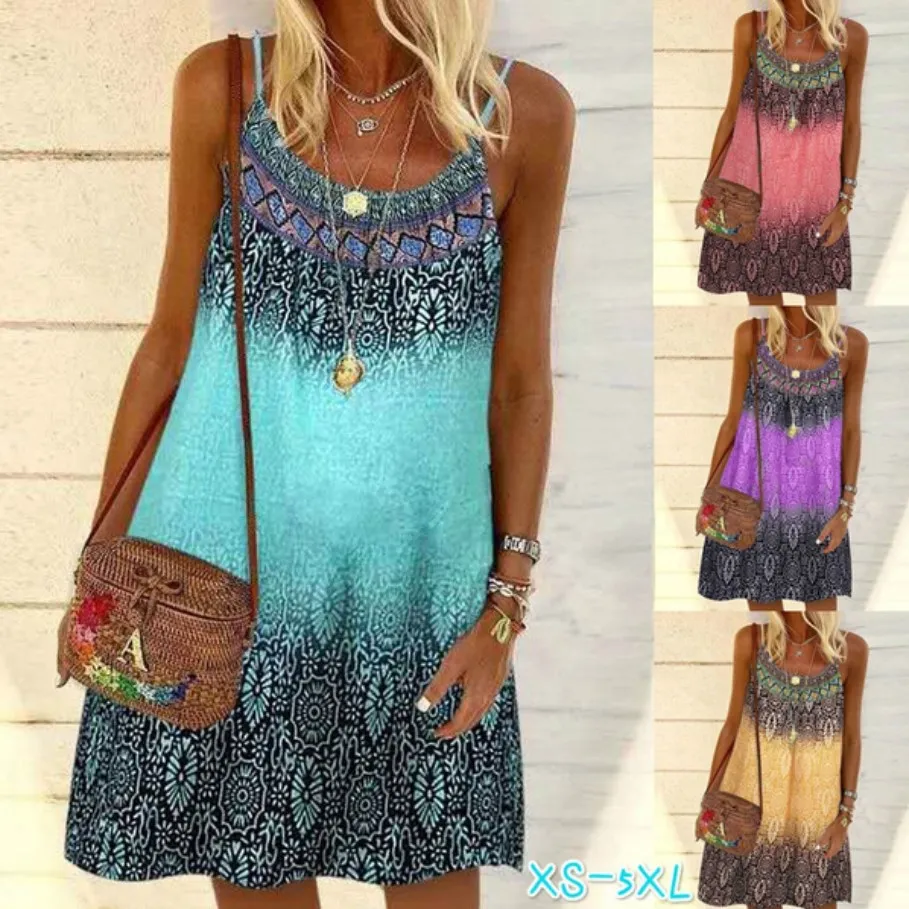 Robe de bal pour femme Femme Été Spaghetti Strap O-Neck A-Line Mini Swing Dress Boho Vintage Coloré Floral Print Loose Beach Cami Sundress