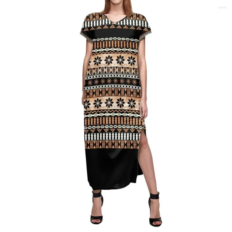 Abiti da festa Abbigliamento tribale polinesiano alla moda Samoa Retro Brown Fiji Masi Tapa Print Abito lungo senza maniche con spacco estivo da donna