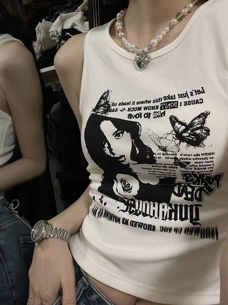 CAMESOSOLS Tanks Y2K Grunge Print Mouwloze sexy tanktop voor vrouwen geribbeld gebreide vest streetwear esthetische kleding vrouwelijke gewas 2000s 230503