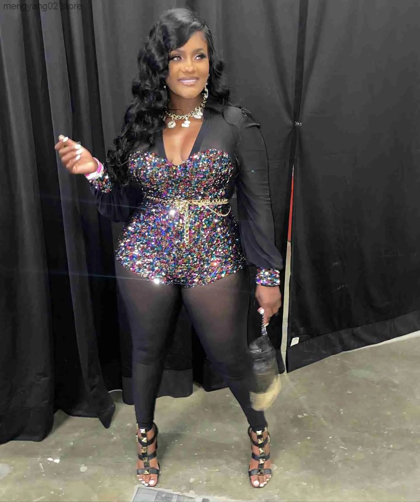 Sexy Sequin Club Pencil Black Sparkly Jumpsuit For Women V Neck