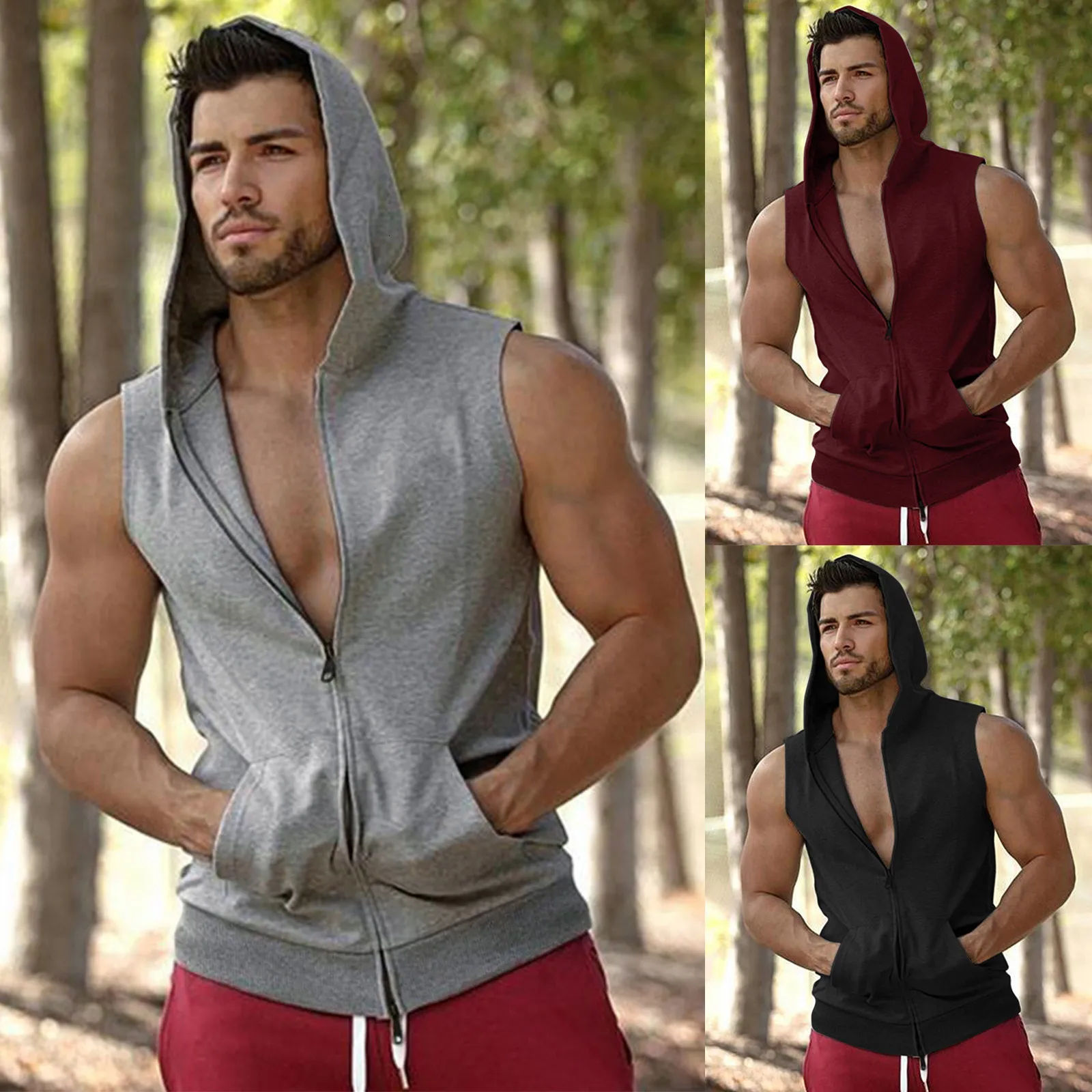 Mens Tank Tops Brand Gyms Hooded Double Zipper Men Bodybuilding Cotton Sleeveless Vest Sweatshirt Fitness Workout Sportswear Top Male 230504
