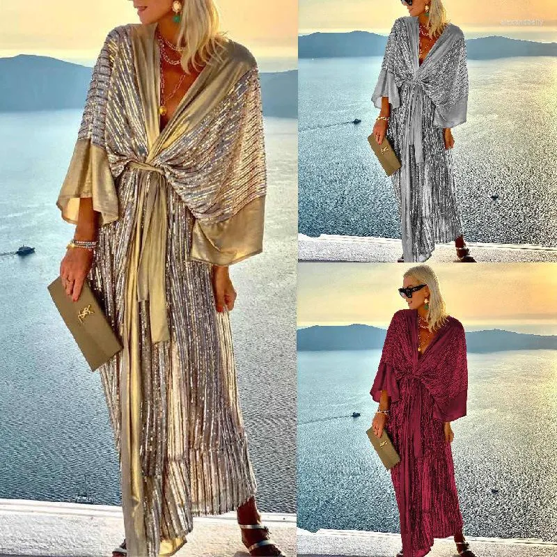 Vestidos casuais 2023 vestido longo de cinto de praia solto para mulheres de cor dourada feminina lantejoulas femininas manto de férias de festa de batalha boho