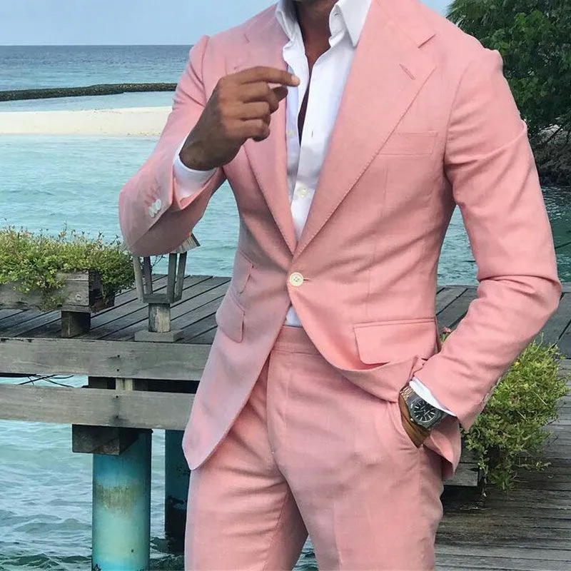 New Pink Linen Men Suits Groom Wedding Tuxedo 2Piece Bridegroom Outfit Casual Best Man Attire Groomsmen Blazer Ternos Slim Costume Homme