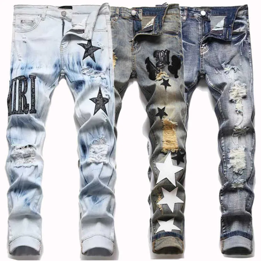 Piesze męskie designer dżinsy zgrane hip hop High Street Brand Pantalones Vaqueros para hombre motocykl haft motocyklowy