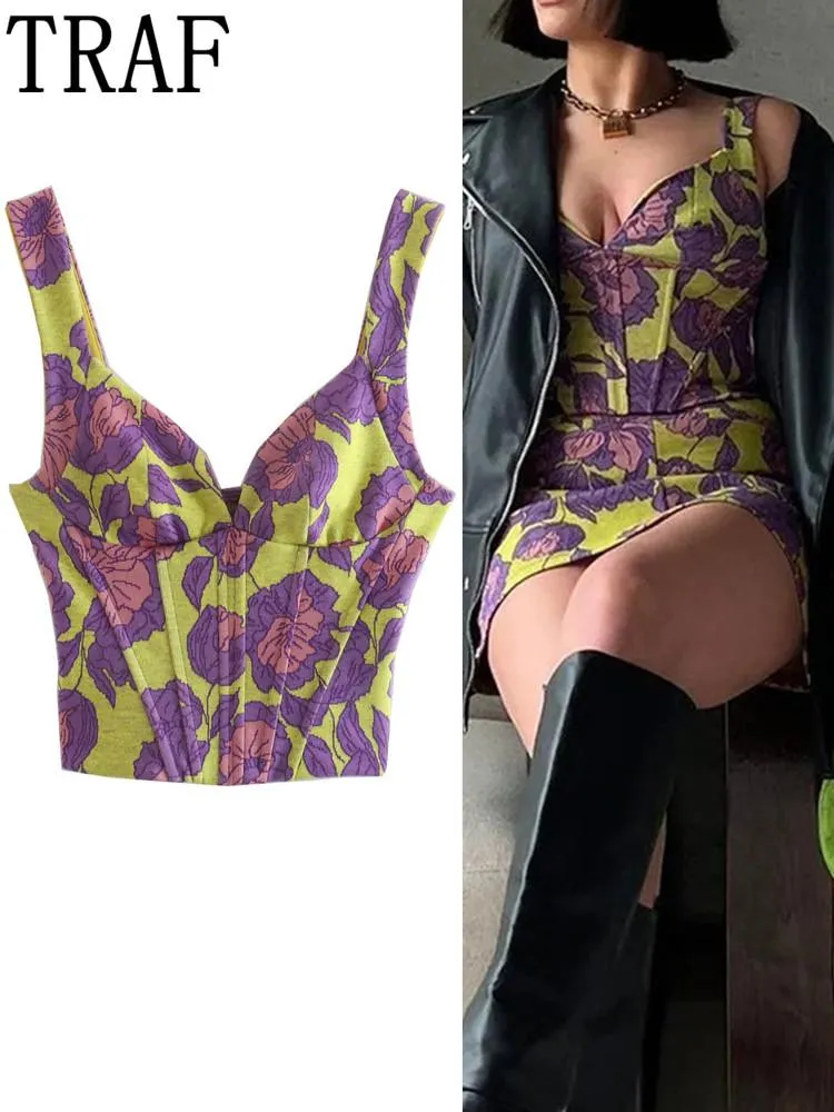 Camis Traf 2022 Floral Corset Top Women Jacquard Crop Top Sexy Y2K 슬리빙 탱크 탑 여성 여름 패션 빈티지 Bustier Tops