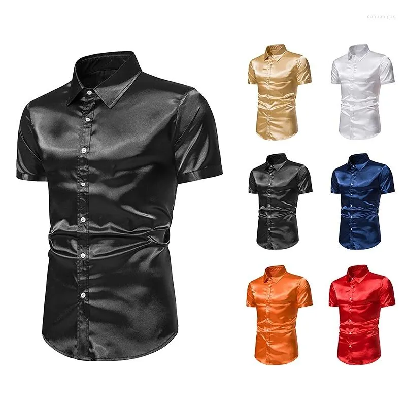 Chemises décontractées pour hommes couleur unie brillante chemise à manches courtes pour hommes bouton vers le bas des années 70 Disco Party boîte de nuit masculine
