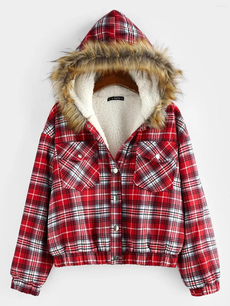 Giacche da Donna ZAFUL Plaid con Spalla Goccia Tasca Foderata in Peluche Parka Cappotto da Donna con Bottoni in Pelliccia Sintetica per L'Autunno Inverno Felpa con Cappuccio Outwear