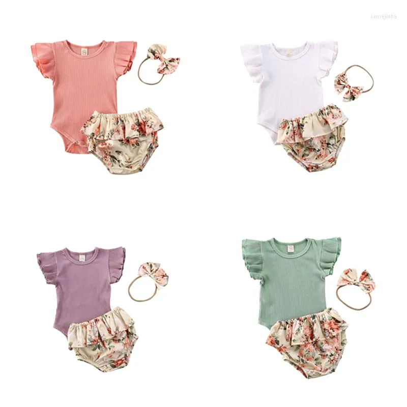 Vêtements Ensembles Pudcoco Casual Sweet 3pcs Born Kids Summer Tenues Coublé à manches coulières Top Shorts floraux Contrôles Headwear Set Baby Girls