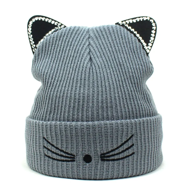 Fashion Cat Ear Knitting Beanie czapka czaszka dla kobiet w klcestonie Rhineston Inkrutowana zima Keep Warm Girl Casual Crochet Caps HCS327