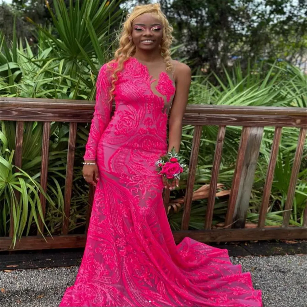 Black Girls One Shoulder Mermaid Pink Lace Prom Dress With Sequin